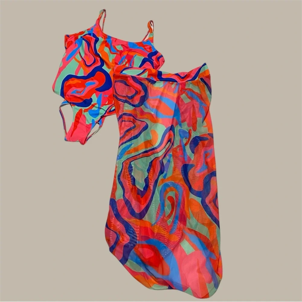 Vibrant Pink/Green One Piece Swimsuit with Wrap SZ XXL/16 - Picture 6 of 12
